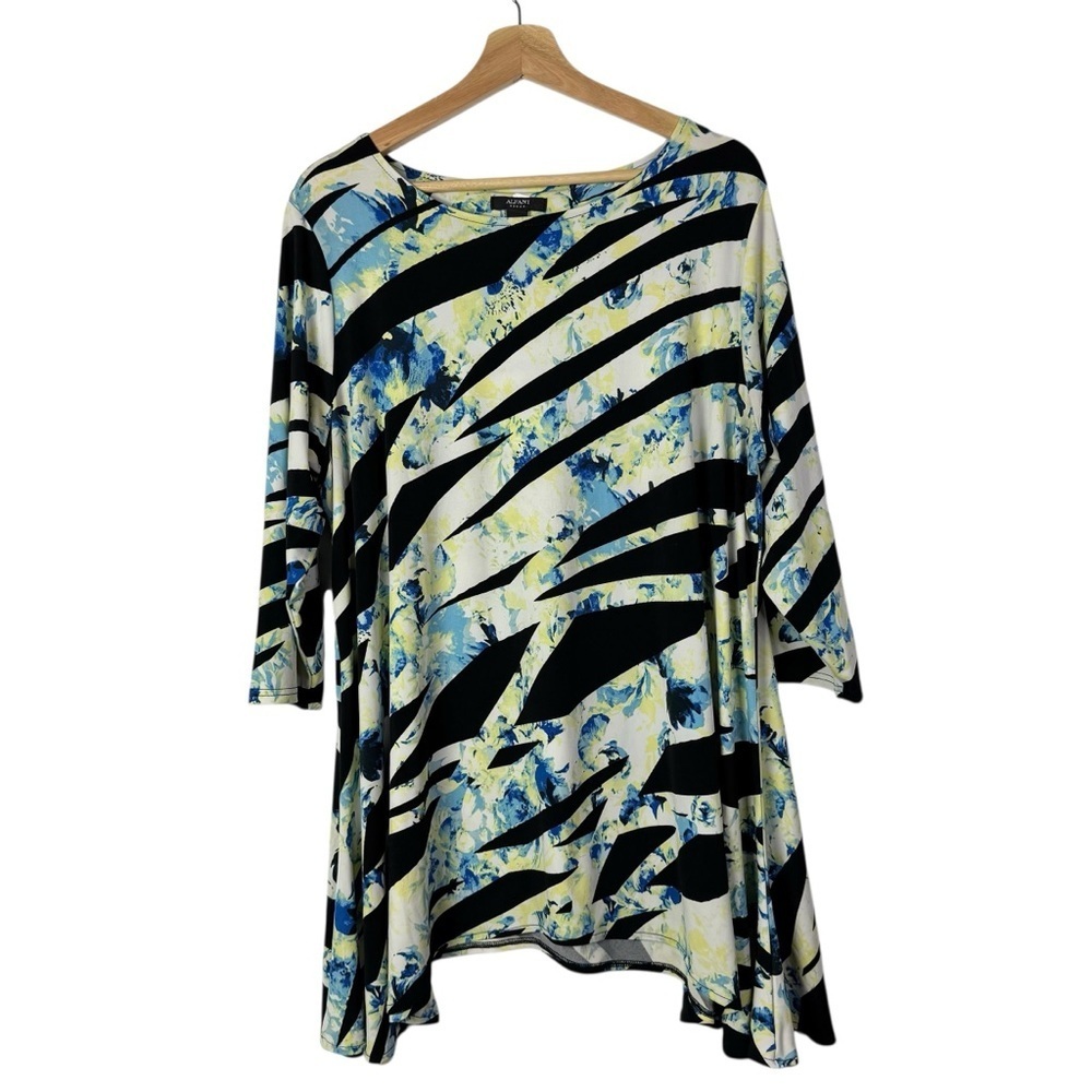 Alfani Yellow & Blue Floral Black Stripe Half Sleeve Swing Blouse 2X